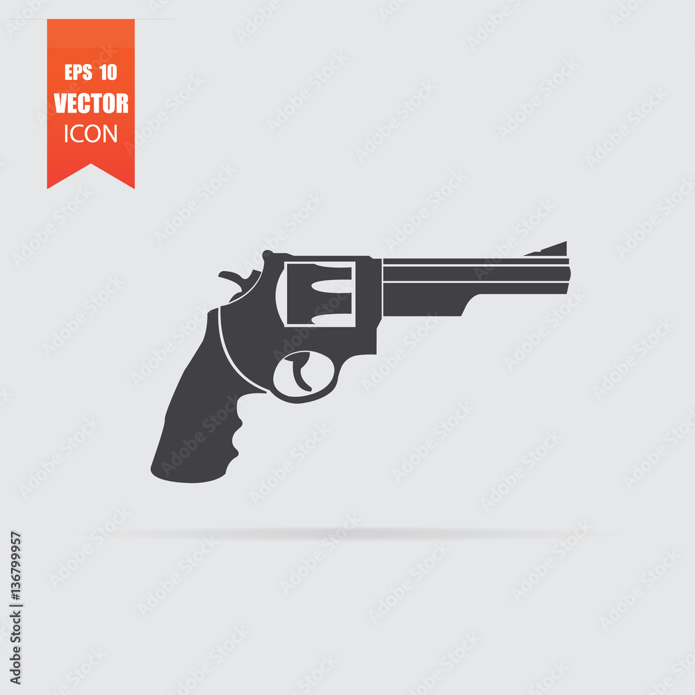 Revolver icon in flat style isolated on grey background.