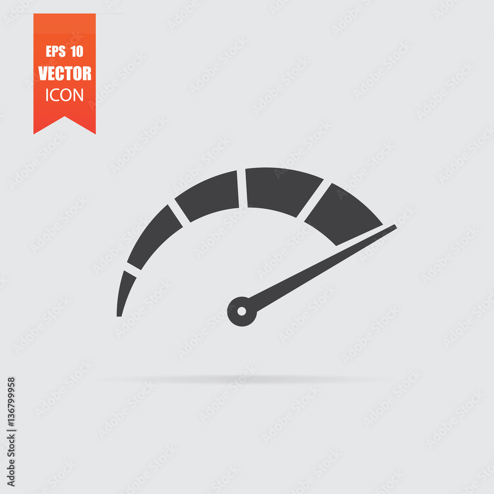 Speedometer icon in flat style isolated on grey background. Stock