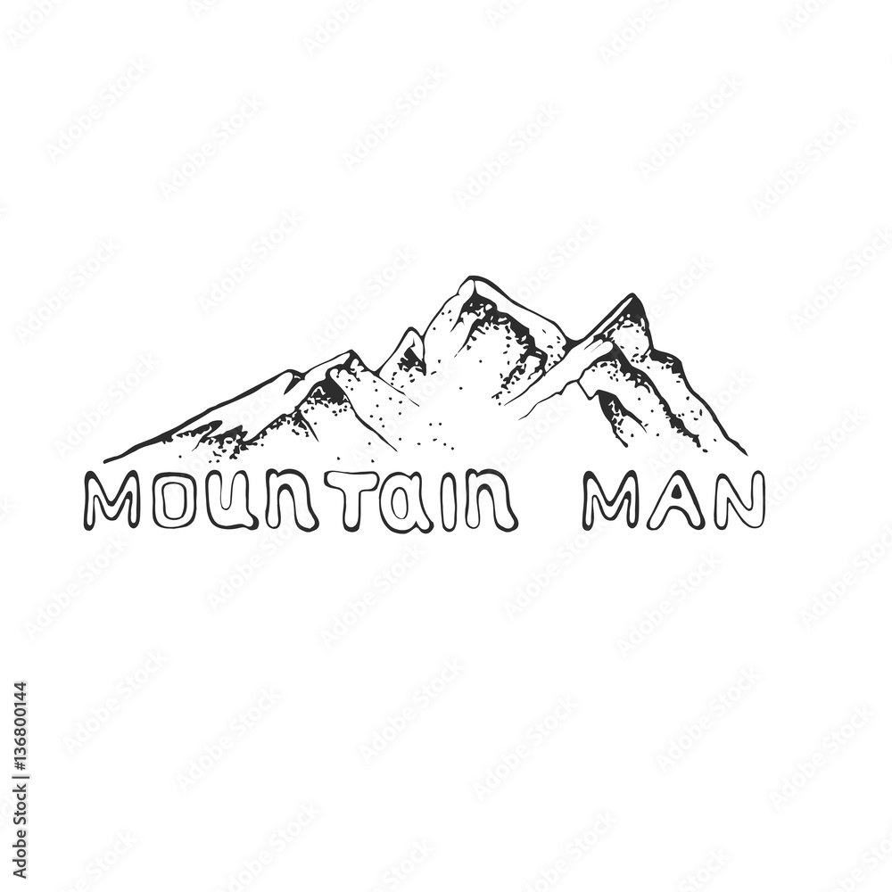 Vector illustration of a mountain peak with pine forest, engraving style, hand drawn