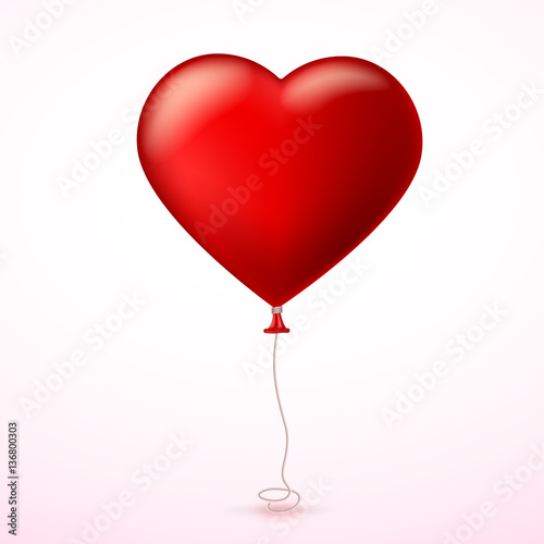 Bright red heart, the inflatable balloon in the shape of a realistic, big heart with tape, ribbon. Greeting card for your friends, loved ones with a bouncy ball in form heart on white background.