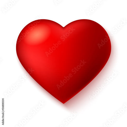 Big red, a scarlet heart isolated on white background with shadow. Elegant symbol, Icon, 3D illustration for use in template for greeting card, shape closeup, red heart icon for web sites and apps.