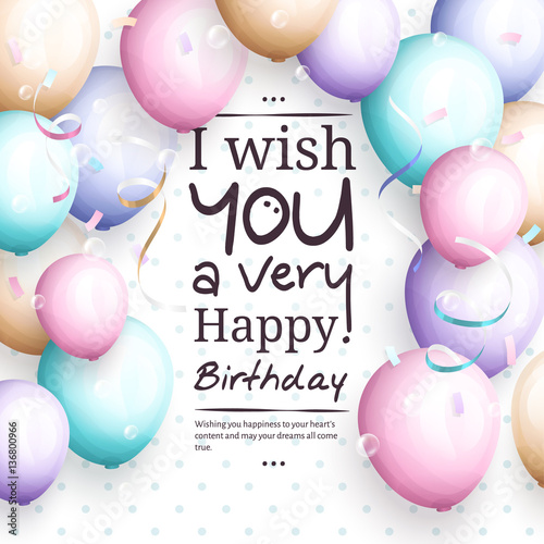 Happy birthday greeting card. Retro vintage pastel party balloons, streamers, and stylish lettering. Vector.