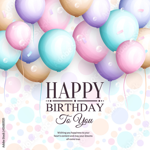Happy birthday greeting card. Retro vintage pastel party balloons, streamers, and stylish lettering. Vector.