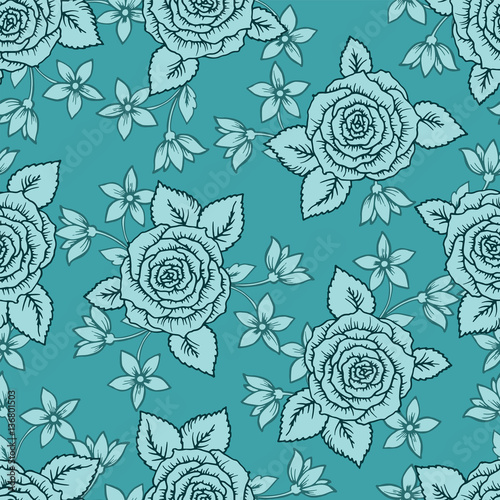 Vintage vector seamless pattern with garden roses on light mint green background. Rose blossoms with leaves and little flowers, hand-drawn sketch background, perfect for romantic events