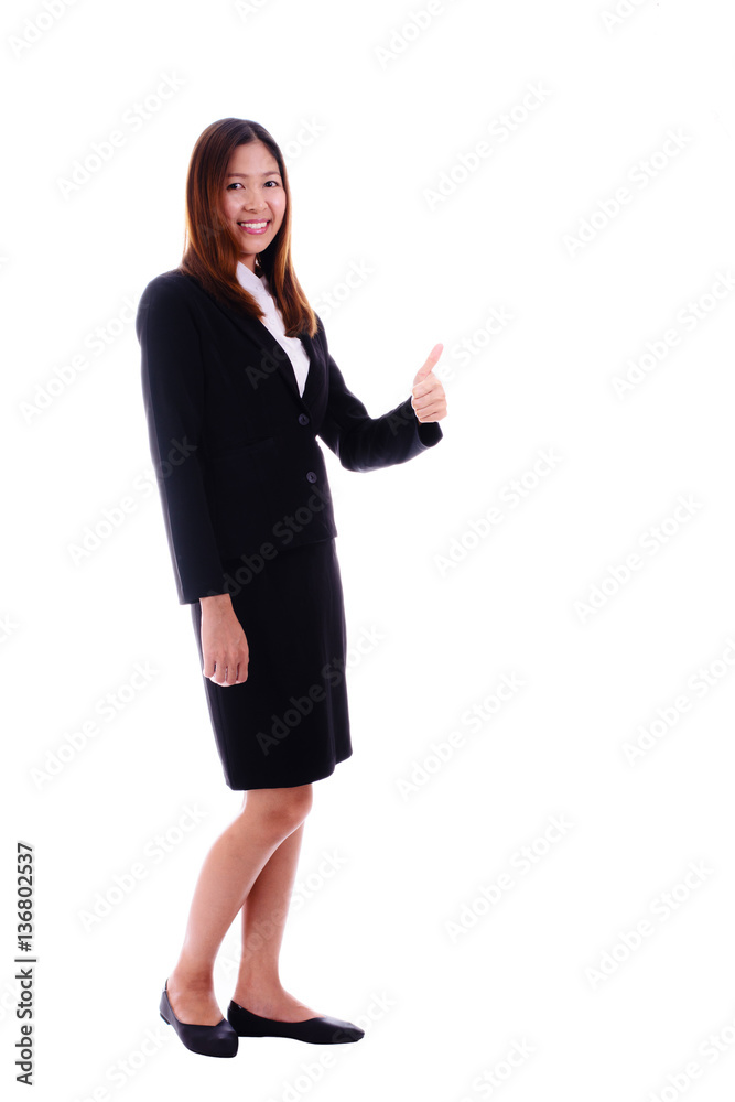 Happy business woman smiling and giving thumbs up on white background. Happy business woman smiling and giving thumbs up on white background.