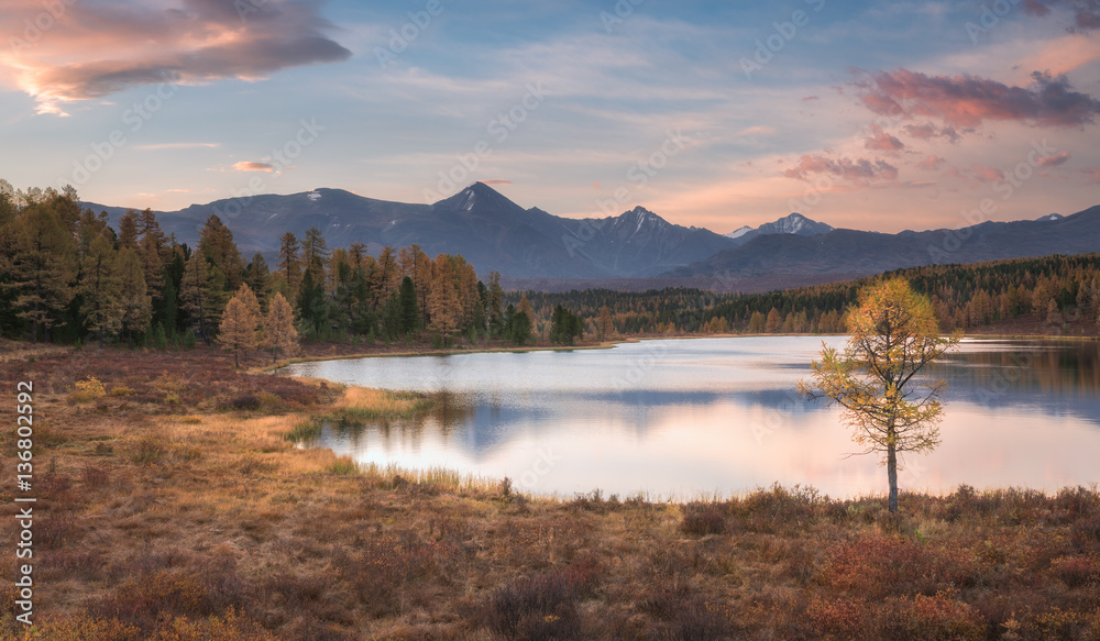 Mirror Surface Lake Autumn Sunrise Landscape With Mountain Range On Background