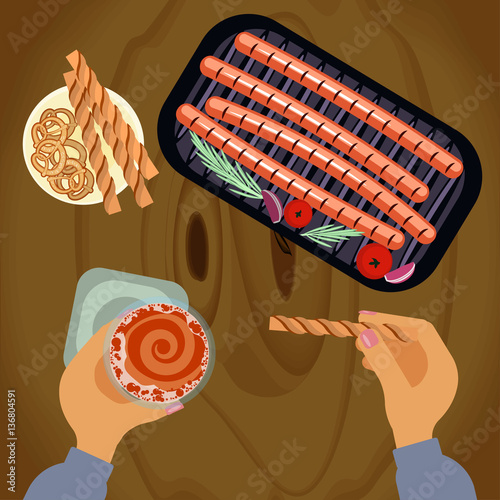 Person is eating Grilled sausages with glass of beer on wooden table. Top view Vector illustration eps 10