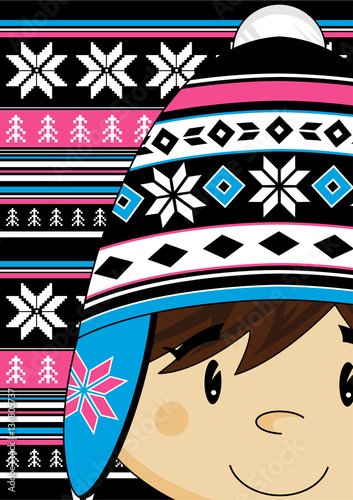 Cute Cartoon Boy in Wooly Winter Hat