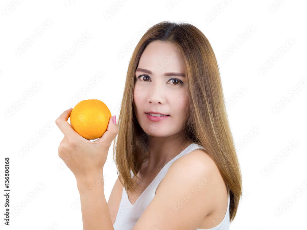 Asian Woman smiling And holding orange, isolated on white background. Healthy Food concept. Asian Woman smiling And holding orange, isolated on white background. Healthy Food concept.