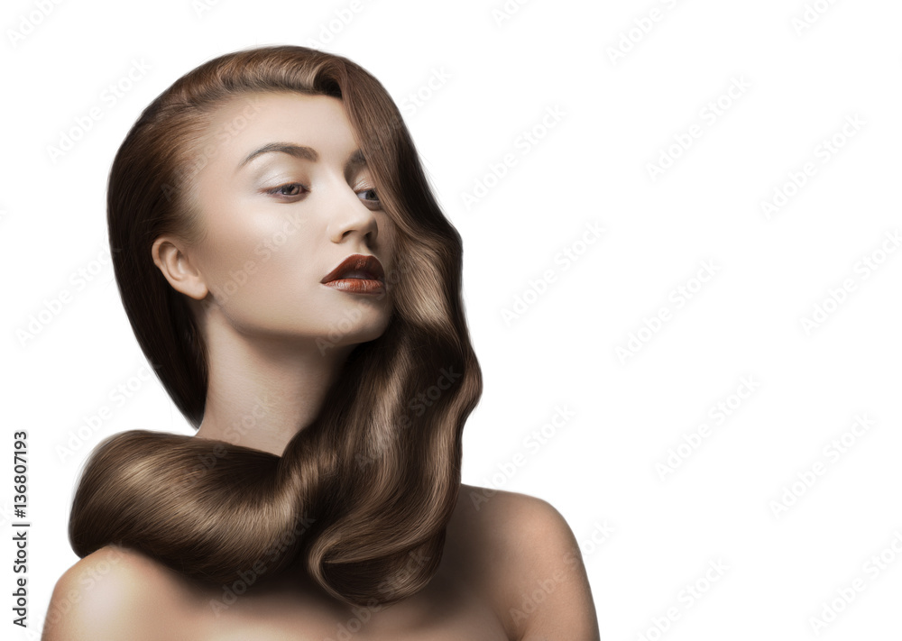 woman with beautiful brown hair on white background - obrazy, fototapety, plakaty 