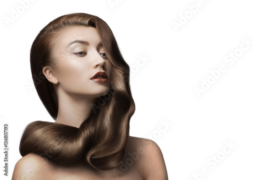 woman with beautiful brown hair on white background