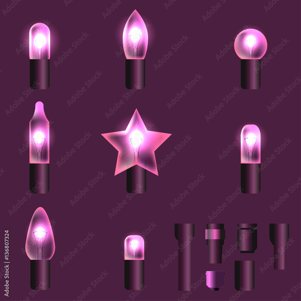 Set of pink shining garland lights with holders isolated on background. Christmas, New Year party decoration realistic design elements. Glowing lights for Xmas. Holiday greeting design. Set of pink shining garland lights with holders isolated on background. Christmas, New Year party decoration realistic design elements. Glowing lights for Xmas. Holiday greeting design.
