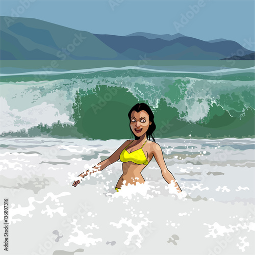 cartoon happy girl in swimsuit having fun in the sea