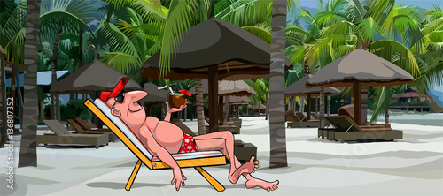 cartoon man resting in a sun lounger on the beach