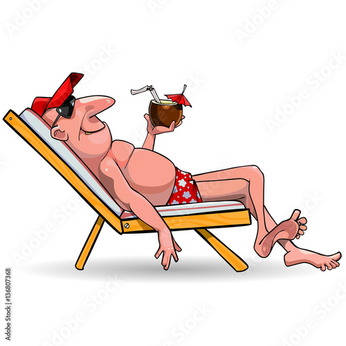 cartoon man resting in a sun lounger with a coconut cocktail in hand