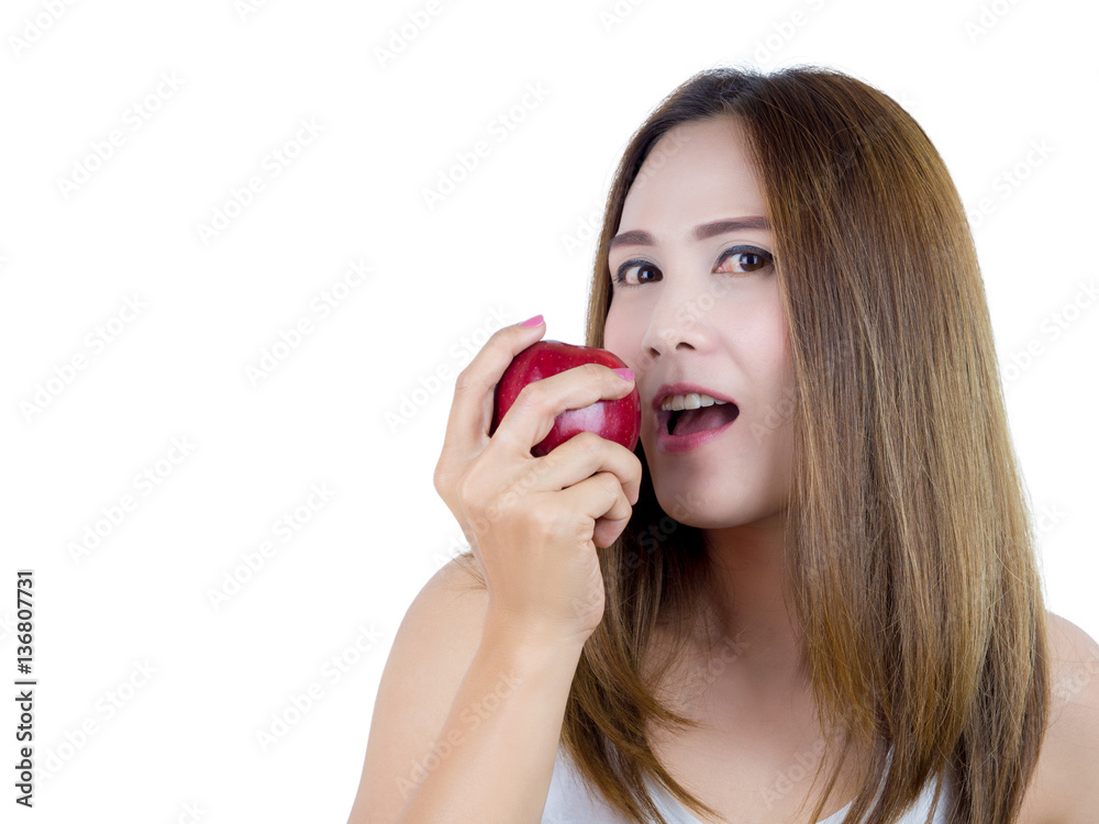 Asian Woman wearing in white shirt And eat Apple, isolated on white background. Healthy Food concept. Asian Woman wearing in white shirt And eat Apple, isolated on white background. Healthy Food concept.