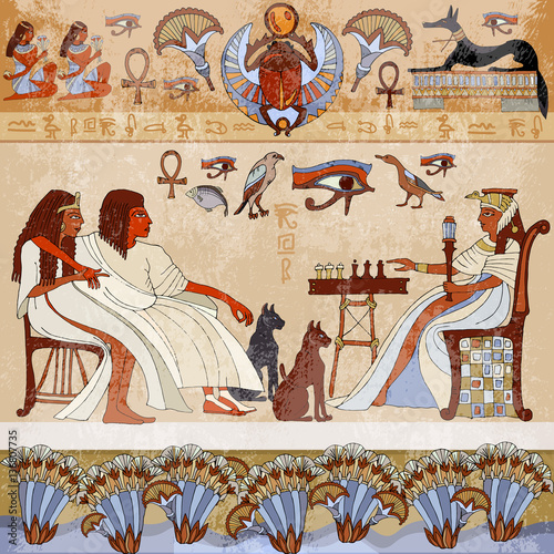 Murals ancient Egypt.scene. Egyptian gods and pharaohs