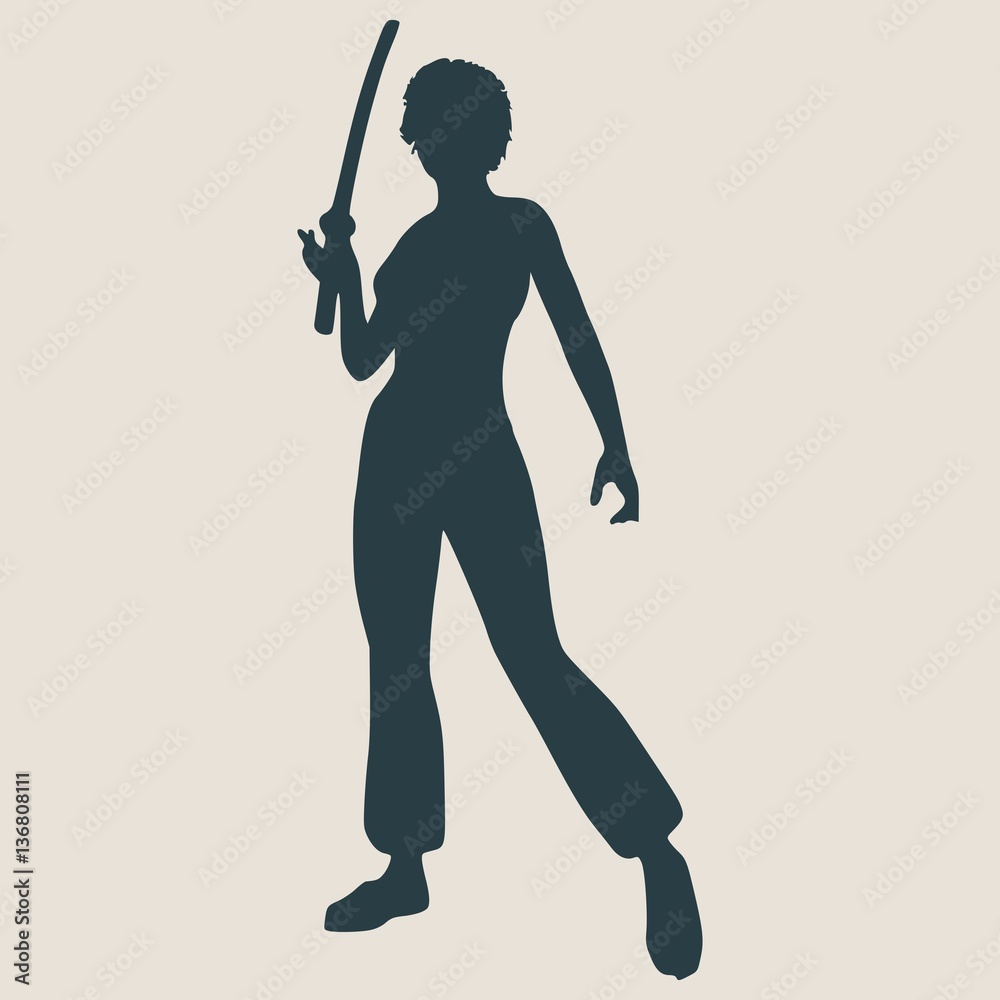 Karate martial art silhouette of woman in sword fight karate pose Karate martial art silhouette of woman in sword fight karate pose