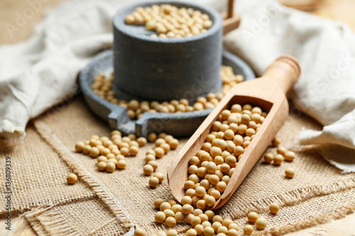 Soybeans in wooden scoop and a little stone mill