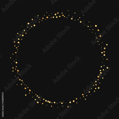 Gold confetti. Round shape on black background. Vector illustration.