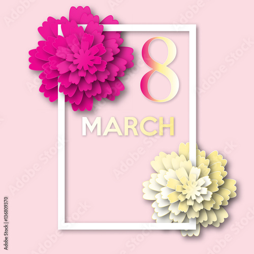International Women's Day on 8 March. Frame with flowers for congratulations. Colorful card.