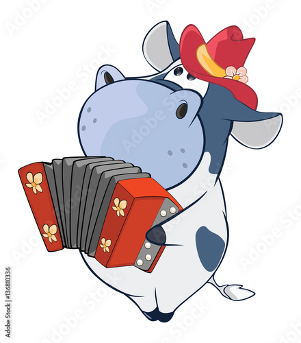 Illustration of a Cute Cow  Accordion Player. Cartoon Character