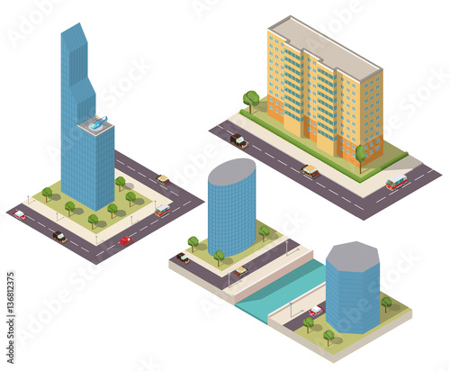 A set of isometric houses and skyscrapers with trees and cars and helicopter.Houses on the river bank.
