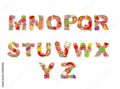 Childish funny vector flowers font with fruits. Summery alphabet, part 2