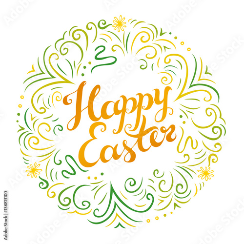 Wallpaper Mural Happy Easter greeting card with freehand lettering and decorative round wreath. Torontodigital.ca