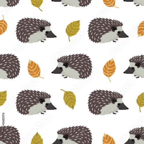 Wild animals collection Hedgehogs and leaves Seamless pattern
