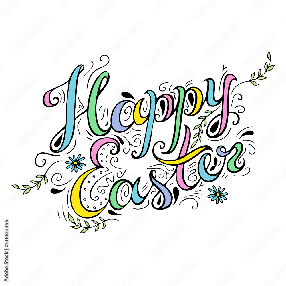Fototapeta premium Happy Easter card with freehand lettering and decorative flourish elements.