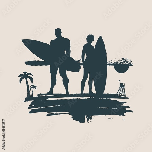 Woman and man posing with surfboard on grunge brush stroke. Monochrome silhouette. Vector illustration. Vintage Surfing Graphic and Emblem for web design or print. Palm and lifeguard tower on backdrop