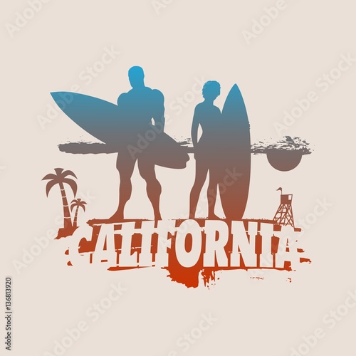 Woman and man posing with surfboard on grunge brush stroke. Gradient silhouette. Vintage Surfing Graphic and Emblem for web design. Palm and lifeguard tower on backdrop. California text