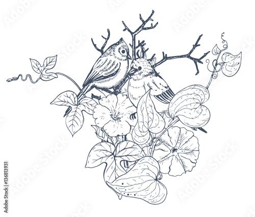 Floral composition. Bouquet with hand drawn flowers, plants, birds.