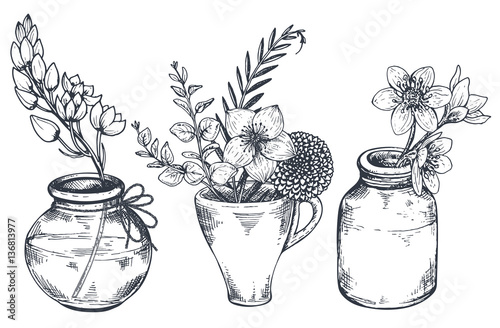 Bouquets with hand drawn flowers and plants in vases  jars.