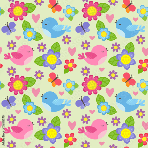 Seamless pattern with birds and flowers