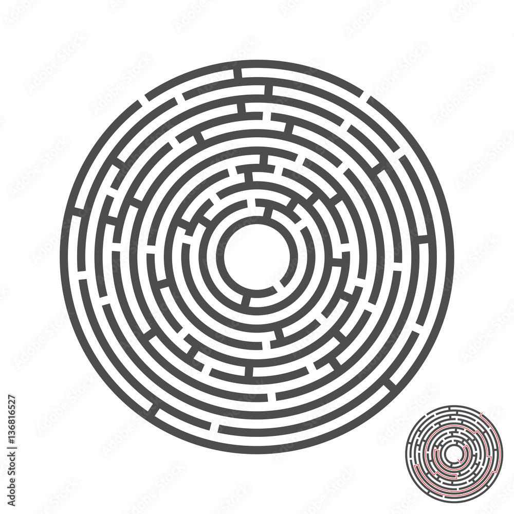 escape circle labyrinth with entry and exit.vector game maze puzzle with solution.Num.02 escape circle labyrinth with entry and exit.vector game maze puzzle with solution.Num.02