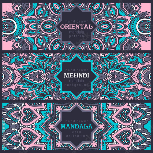 Set of three horisontal cards or flyers with abstract henna mehndi ornament.