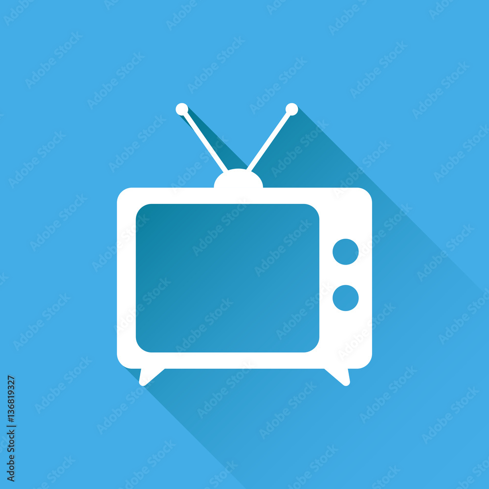 Tv Icon vector illustration in flat style isolated on blue background with long shadow. Television symbol for web site design, logo, app, ui. Tv Icon vector illustration in flat style isolated on blue background with long shadow. Television symbol for web site design, logo, app, ui.