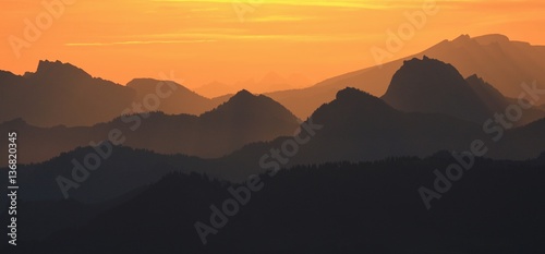 Golden sunrise in the Swiss Alps, view from mount Rigi.
