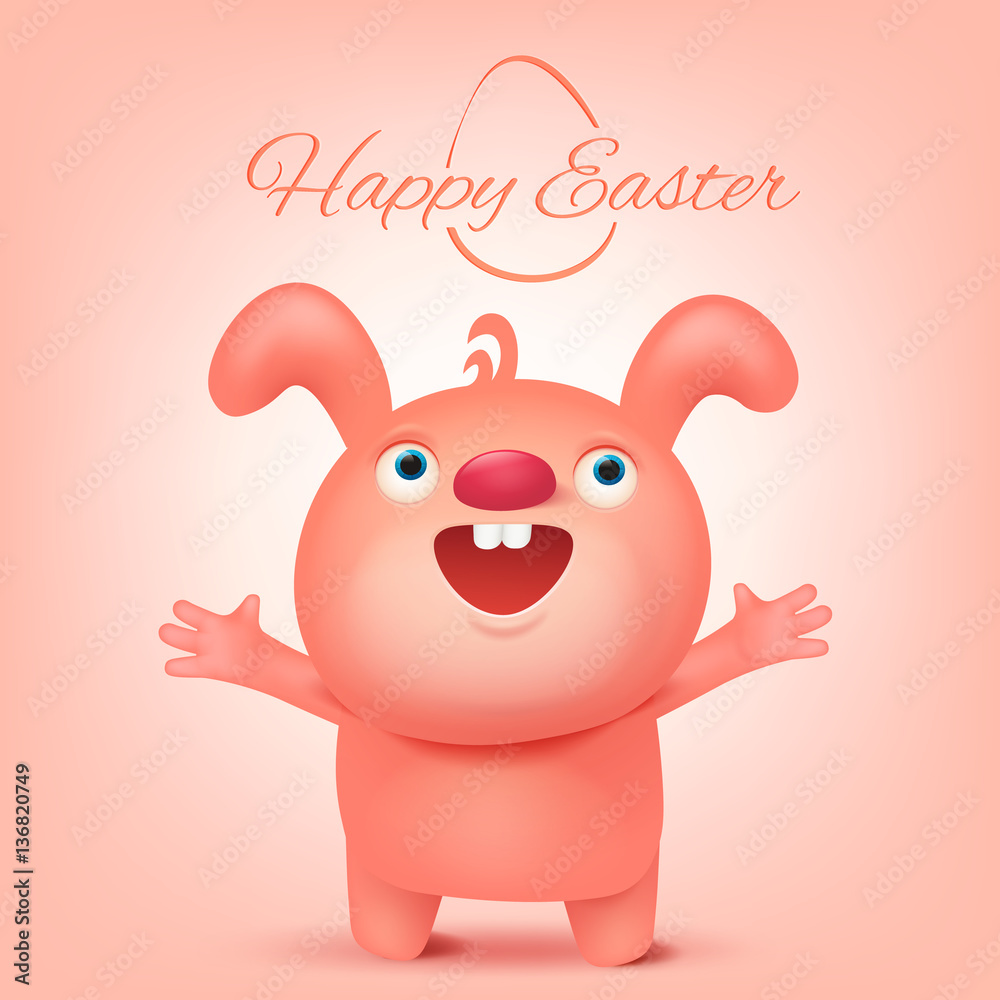 Fototapeta premium Pink funny rabbit character. Happy easter invitation card