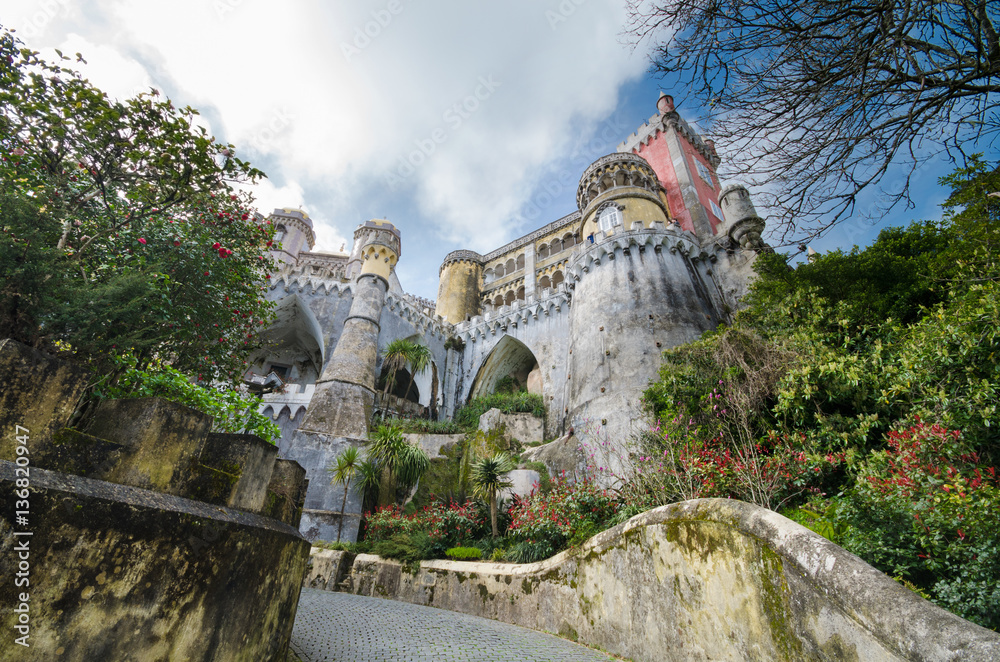 Facade of Pena national palace in Sintra, Portugal.