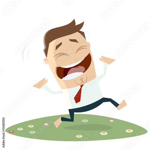 happy businessman running across a flower meadow