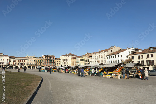 Italy, Padua - January. 2017 Fruit market in the center of the city, an island in the shape of an ellipse,big square