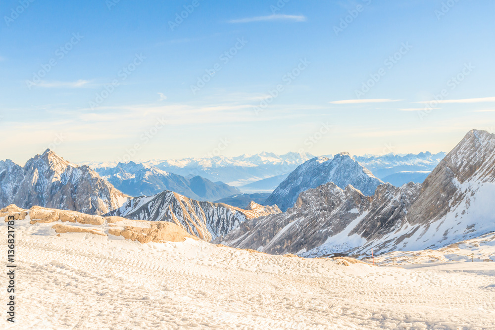 Zugspitze Glacier Ski Resort in Bavarian Alps, Germany. The Zugspitze, at 2,962 meters above sea level, is the highest mountain in Germany