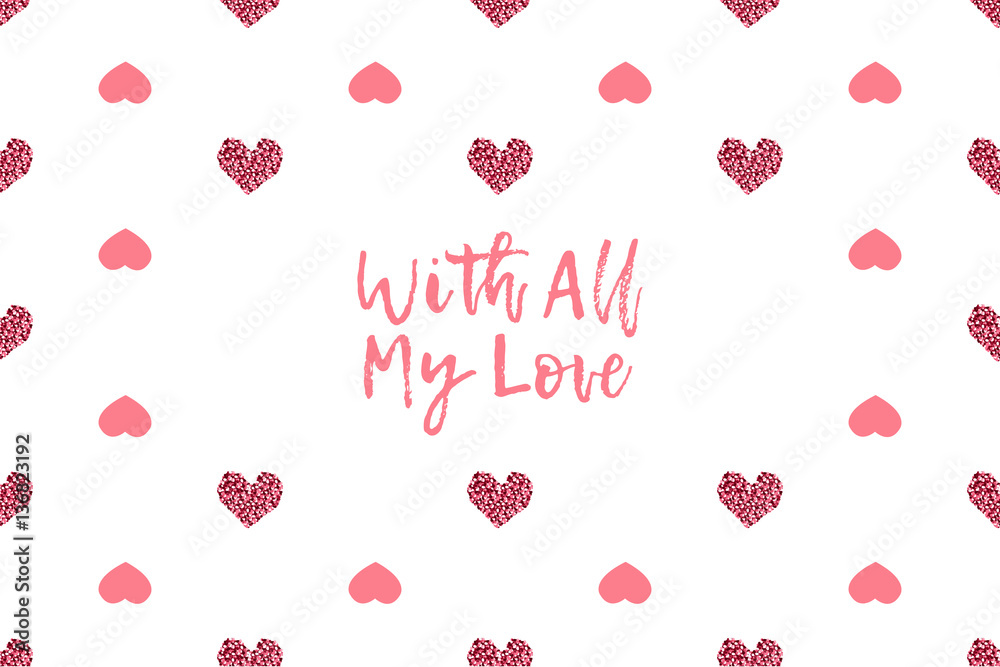 Valentine greeting card with text and pink hearts