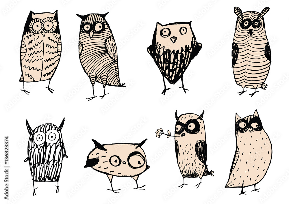 Set of cute and funny owls. Unusual original characters. Wild predatory ...