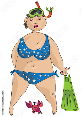 a bit plump diver girl with snorkeling equipment is ready to dive - cartoon