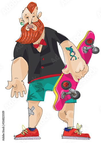 bearded red head hipster with long board skateboard in his hand.