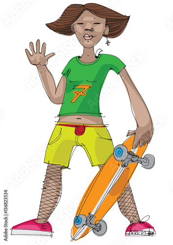 A hipster girl with long board skateboard in his hand.